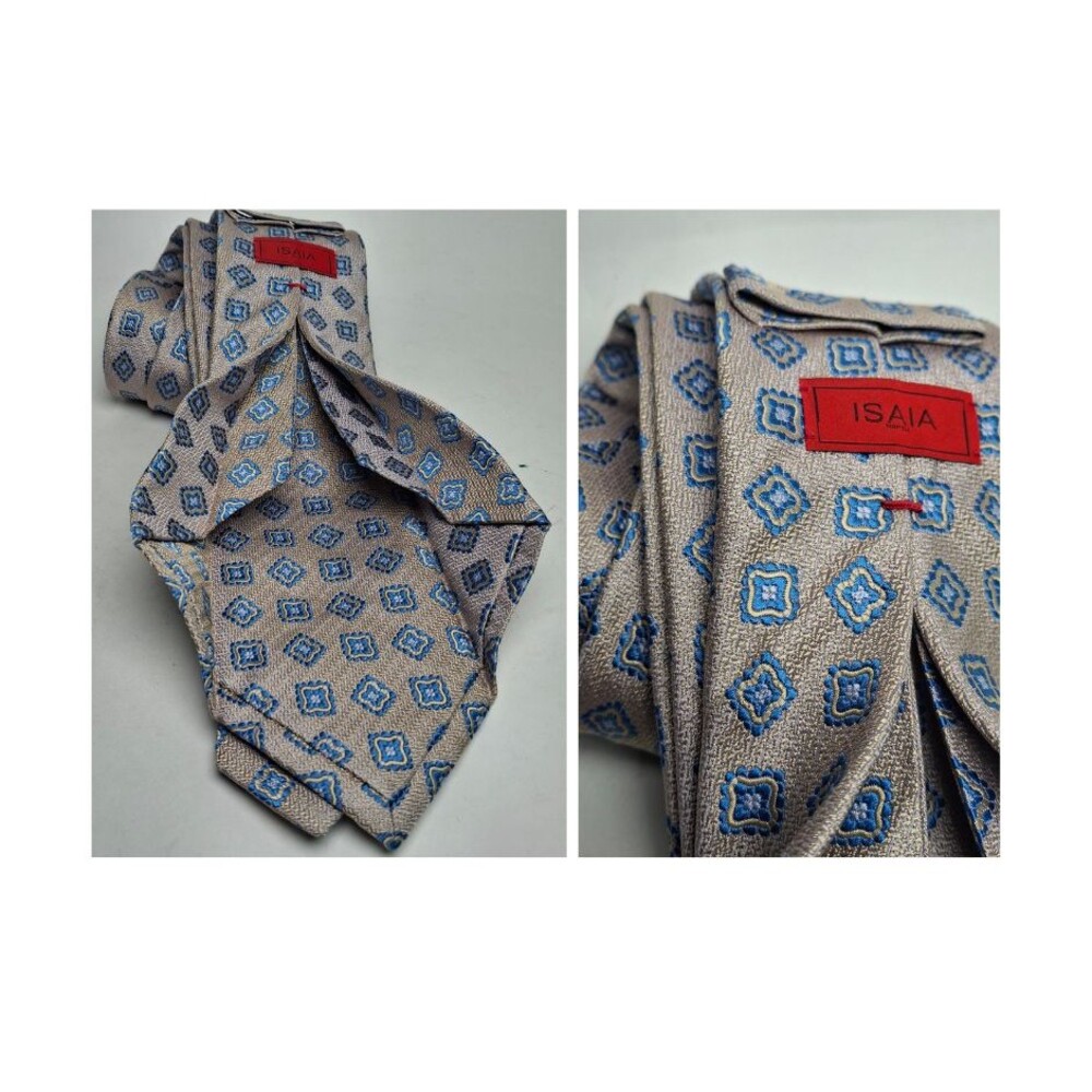 ISAIA 7 Fold Tie Men Silk Champagne Foulard Medallion Quiet Luxury 3.25"x 60"
